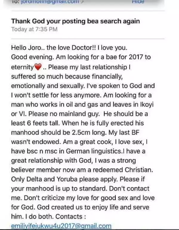 I Need a Man with a Huge Manhood, Lagos Girl Cries Out... See Her Contact